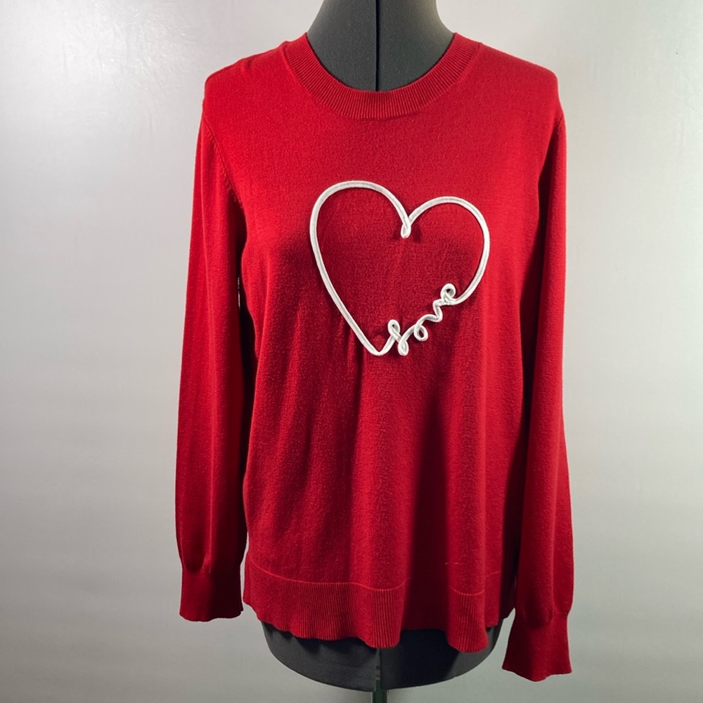 Marled Reunited Clothing Red Sweater Heart on Chest Round Neck Size L